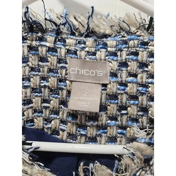 CHICO'S Beige Blue Black Check Tweed Full Zip Fringe Jacket Blazer Size 2 12 - Picture 2 of 10